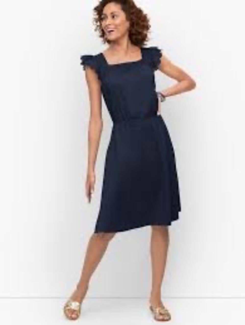 Talbots navy blue eyelet slub knit fit & flare dress flutter sleeves Large